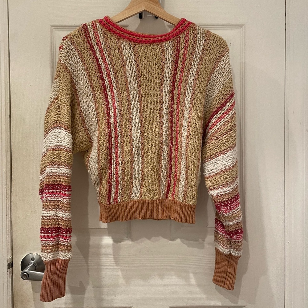 Free People Tan and Pink Crew Neck Sweater with Vintage Stripes